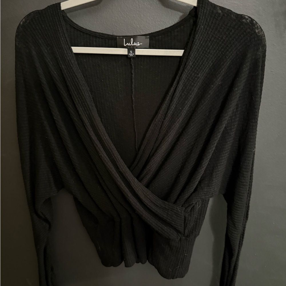 Lulu's Black Ribbed Wrap Blouse